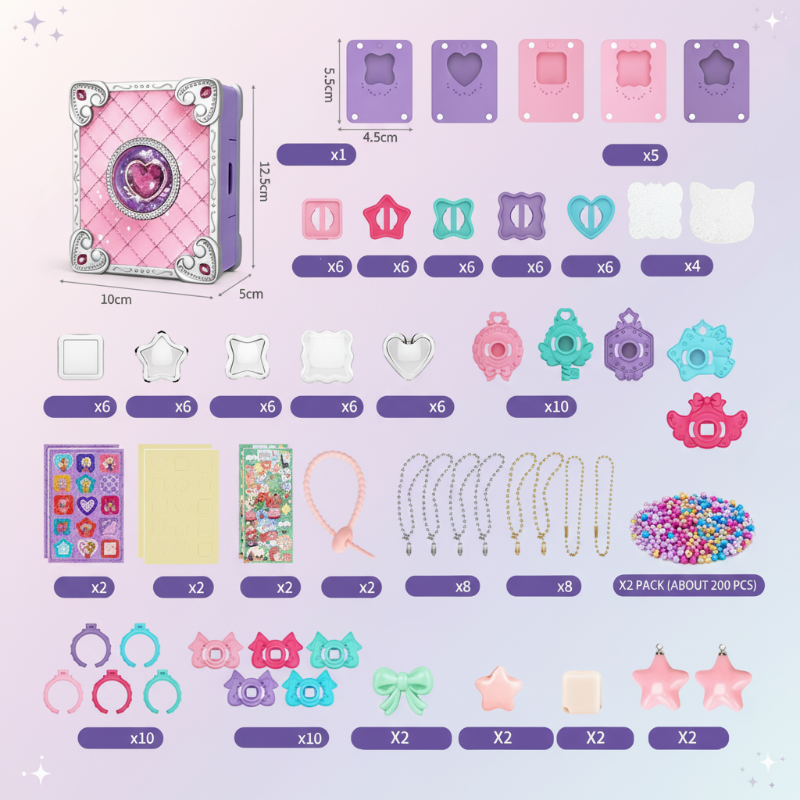 Finished 3D animal stickers and a charm bracelet crafted using the Kids DIY craft kit, showcasing results of fun activity