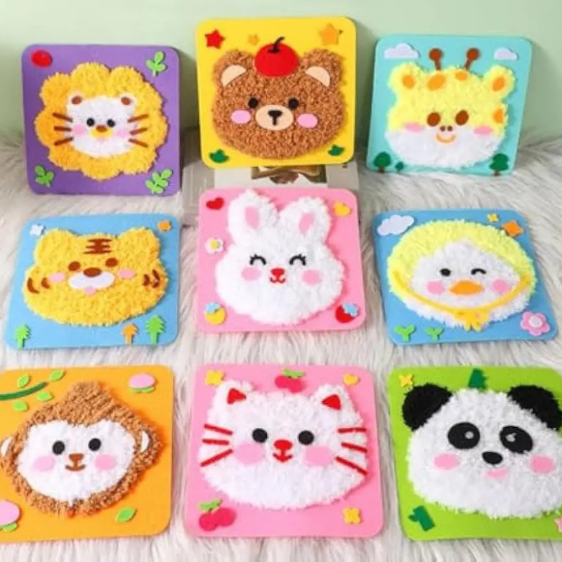 Kids DIY animal craft stitching kit with pre-cut felt shapes and colorful yarn, ideal for fine motor skills.