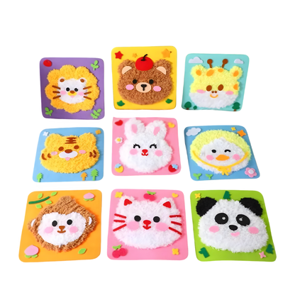 Detailed view of a kids craft stitching kit, featuring felt animal pieces, plastic needle, and thread for DIY fun.