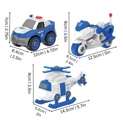 Preschool kids actively assembling a DIY police car toy from a construction vehicle kit, interactive play
