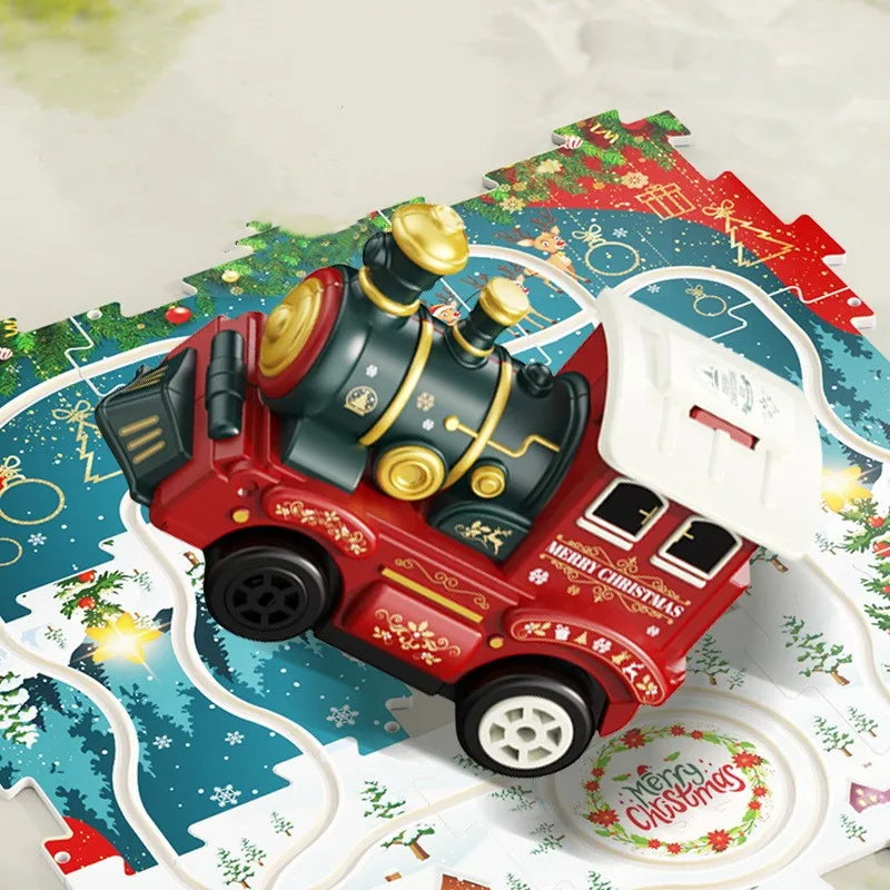 Kids DIY Christmas train track puzzle set with festive holiday building pieces.