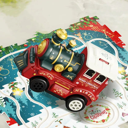 Kids DIY Christmas train track puzzle set with festive holiday building pieces.