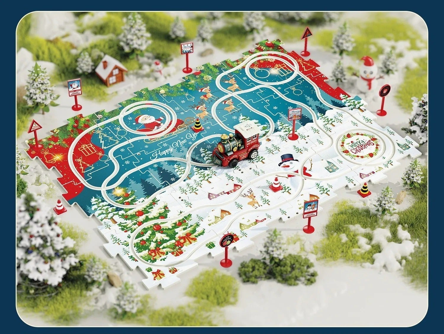 DIY Christmas train track puzzle with kids' toy trains, fostering holiday building fun.