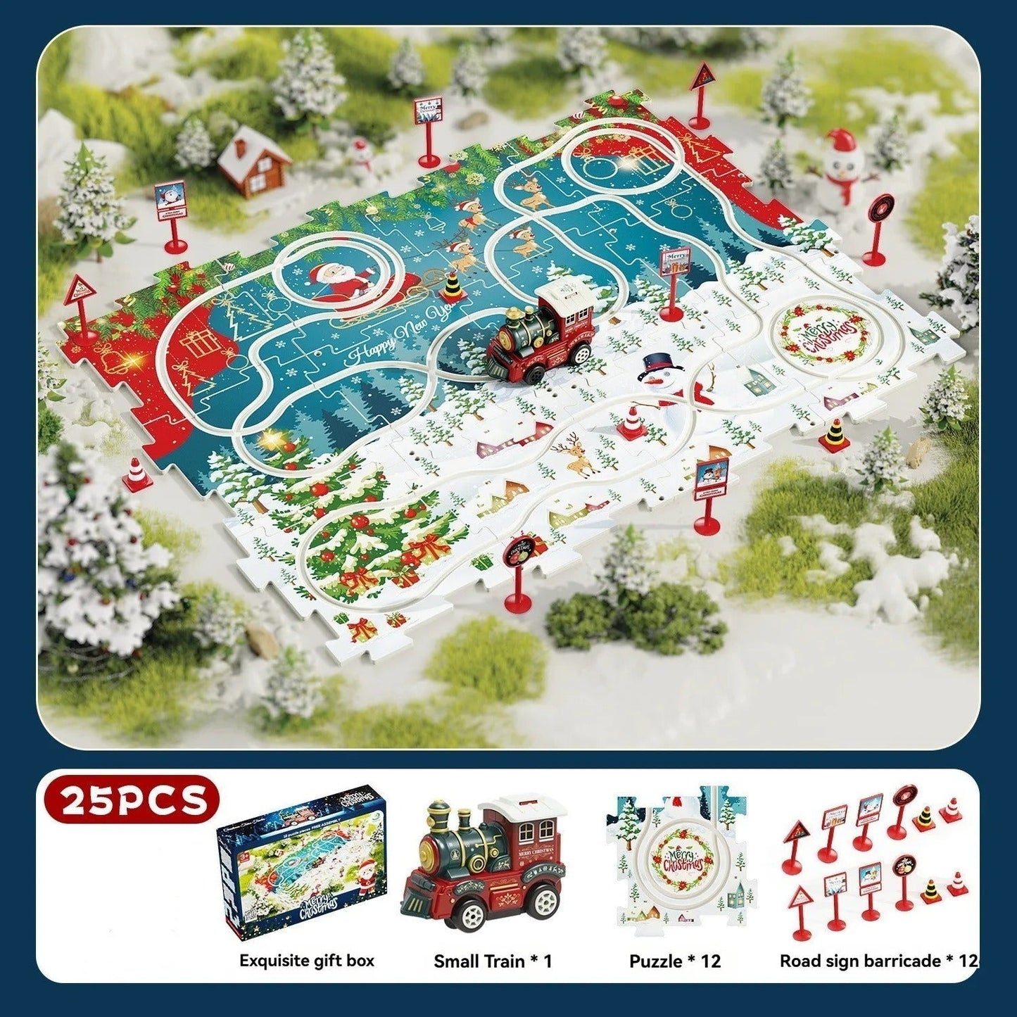 Child interacting with an educational Christmas train track puzzle set, perfect for holiday play.
