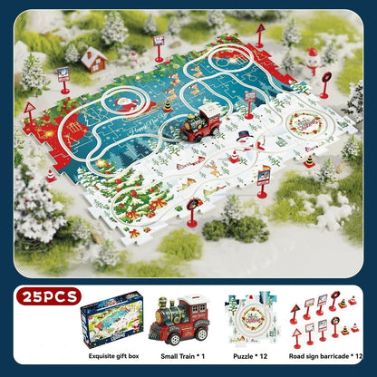 Child interacting with an educational Christmas train track puzzle set, perfect for holiday play.