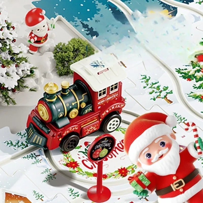 Toy Christmas train track puzzle for kids, featuring interlocking educational play pieces.