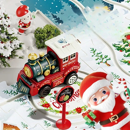 Toy Christmas train track puzzle for kids, featuring interlocking educational play pieces.