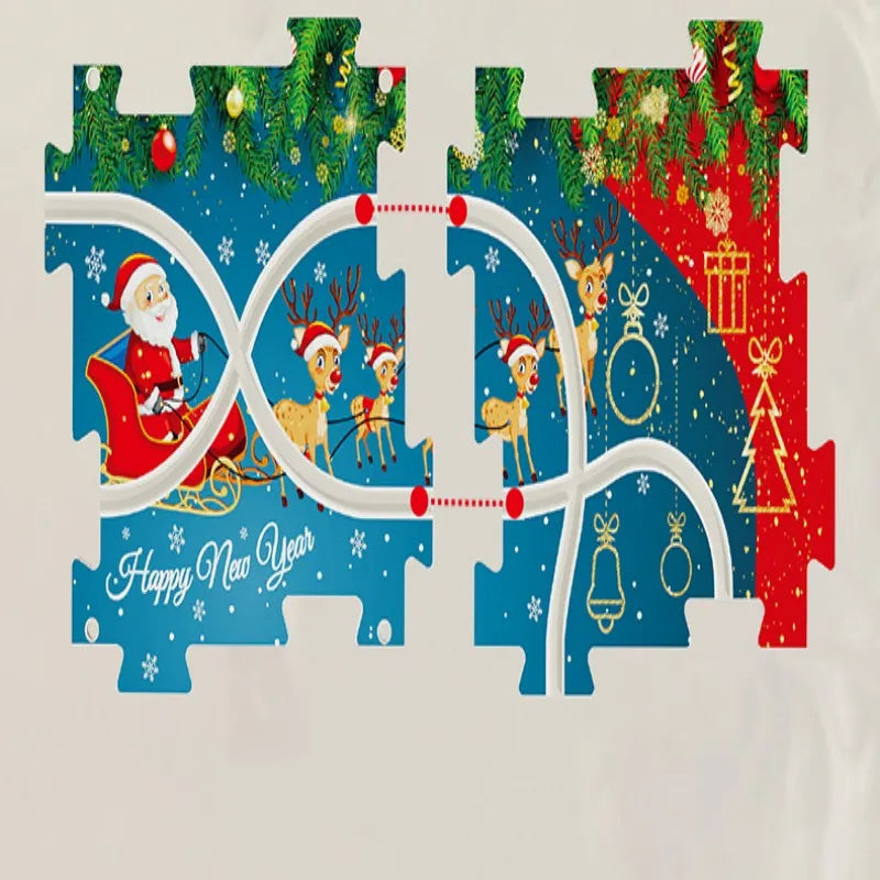 Educational kids' puzzle set: Christmas train tracks for creative building and family fun.