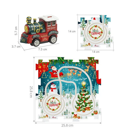 Close-up of a festive Christmas train track puzzle piece, ideal for kids' toy building.