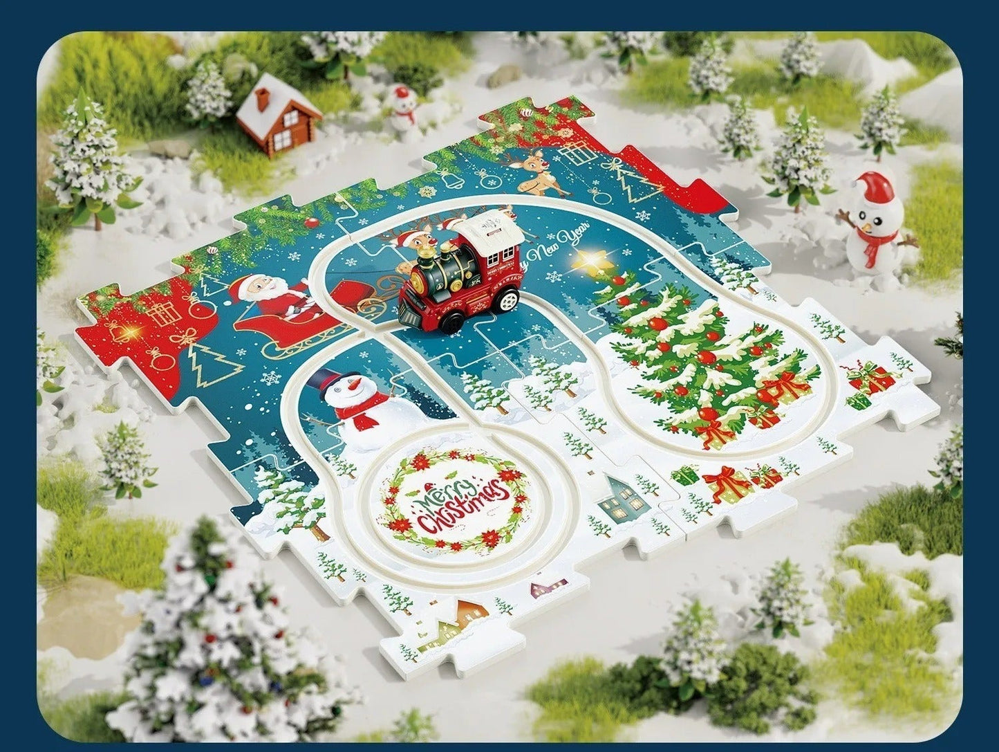 Kids enjoying assembling a Christmas train track puzzle, promoting educational play.