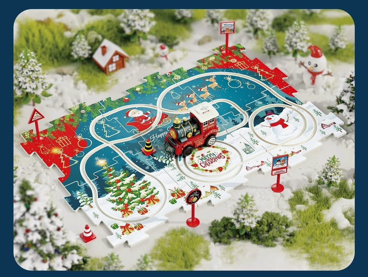 Complete Christmas train track puzzle set, showcasing all holiday-themed building pieces.