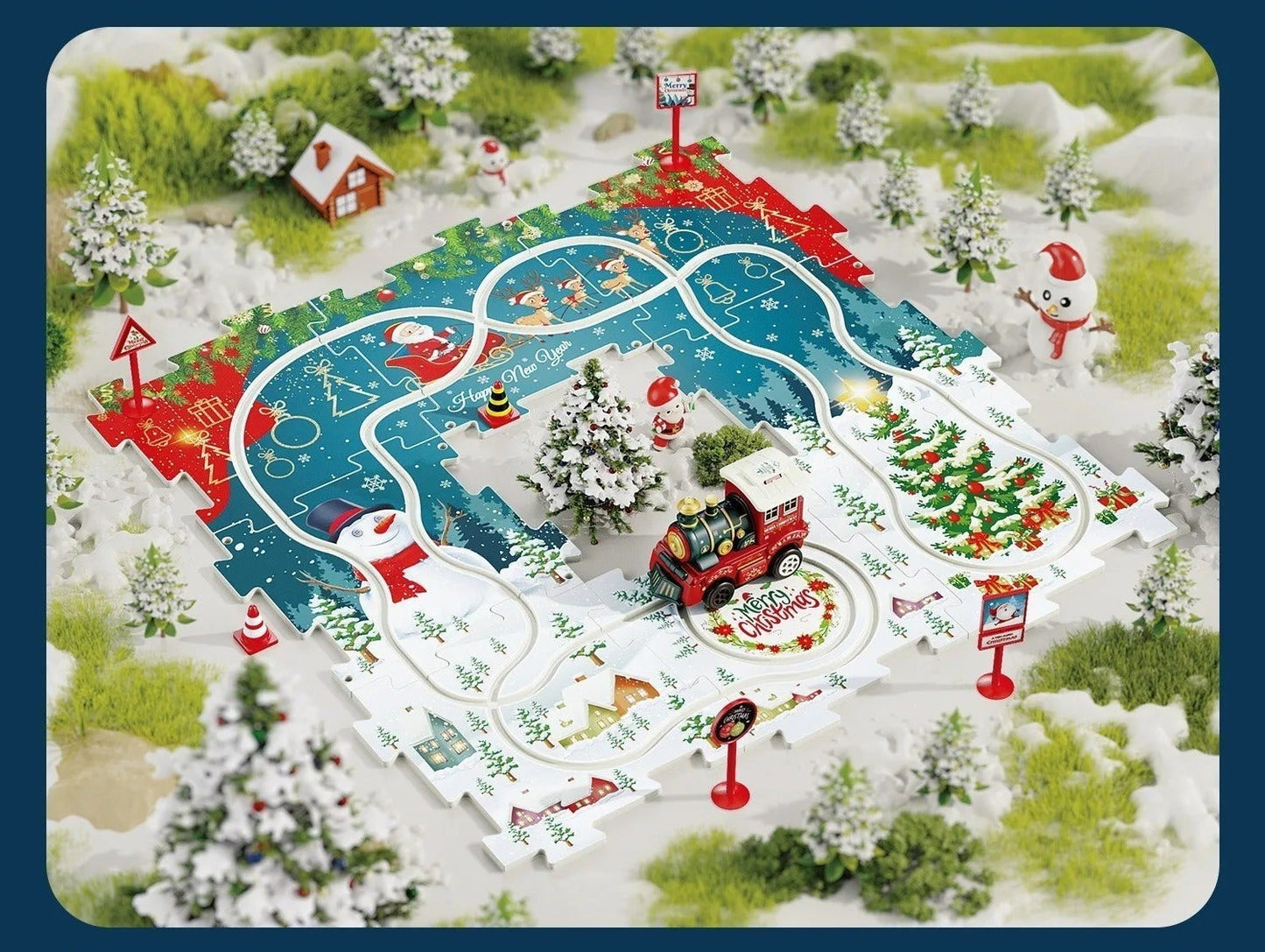 Overhead view of a colorful Christmas train track puzzle, enriching kids' playtime.