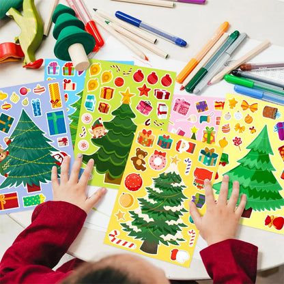 Six sheets of festive Christmas tree stickers, perfect for kids' craft projects