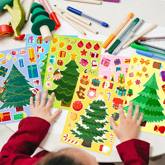 Six sheets of festive Christmas tree stickers, perfect for kids' craft projects
