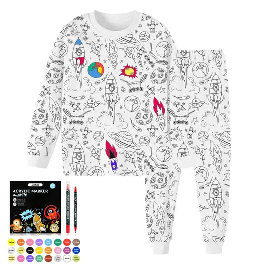 Kids DIY Coloring Pajama Set with markers, unworn toddler sleepwear for creative fun