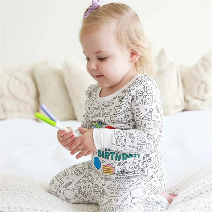Kids DIY Coloring Pajama Set with a vibrant, partially colored design, youth fashion craft