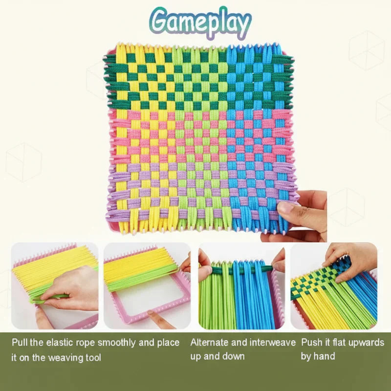 Child hands weaving colorful yarn on a loom, kids craft and educational play set