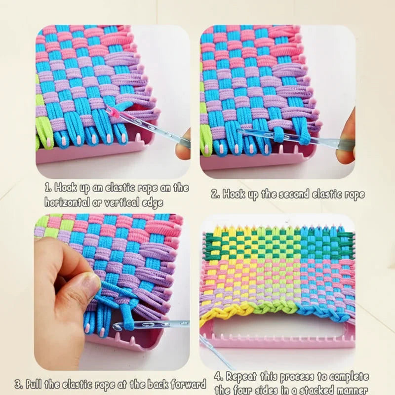Close-up of a kids' weaving loom kit with yarn and accessories, creative play gift