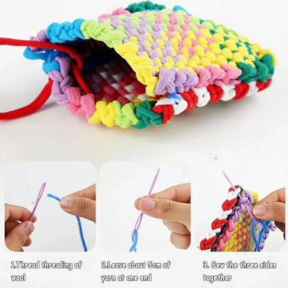 Finished woven fabric art created with a kids' DIY loom kit, activity toy craft supplies