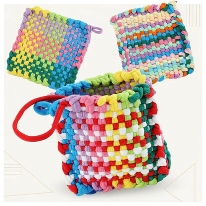 Variety of colorful yarns and wooden loom for kids' creative weaving, educational craft kit