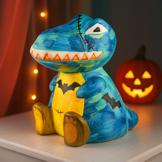 Kids DIY dinosaur painting lamp kit with various colored paints & brushes for creative craft fun