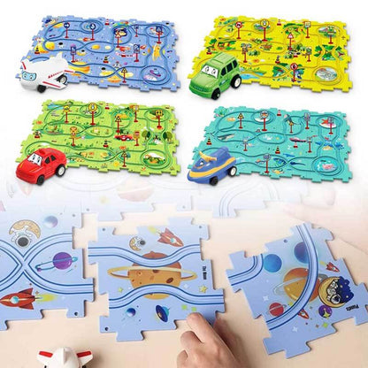 Assembled looping track from the Kids DIY Electric Track Puzzle Car Set with two cars, promoting imaginative play