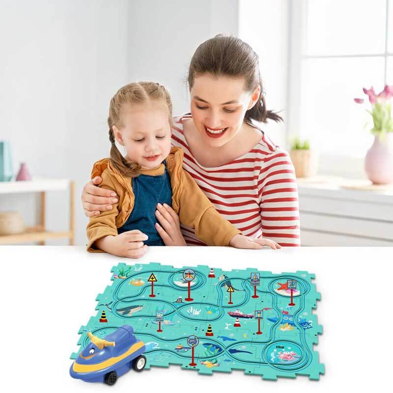 Kids DIY Electric Track Puzzle Car Set, showing various track configurations possible, perfect educational gift