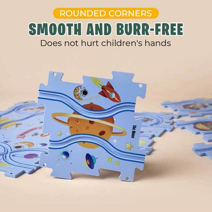 Child's hands assembling green interlocking puzzle pieces for DIY electric car track, promoting fine motor skills