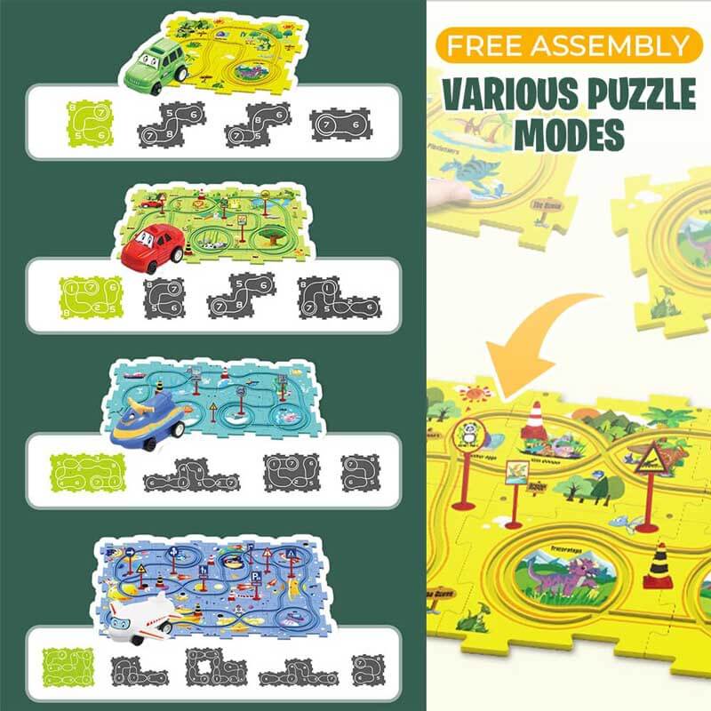 Close-up of a vibrant yellow electric toy car from the DIY track puzzle set, ready for an adventure in play