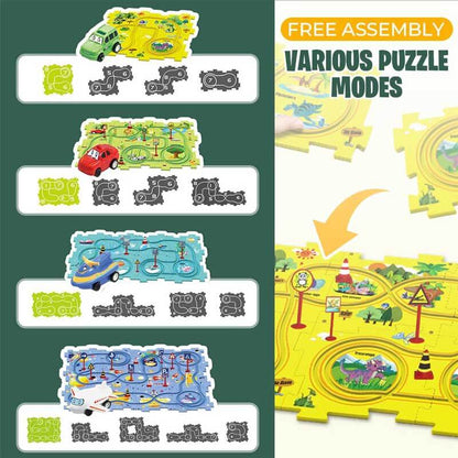 Close-up of a vibrant yellow electric toy car from the DIY track puzzle set, ready for an adventure in play