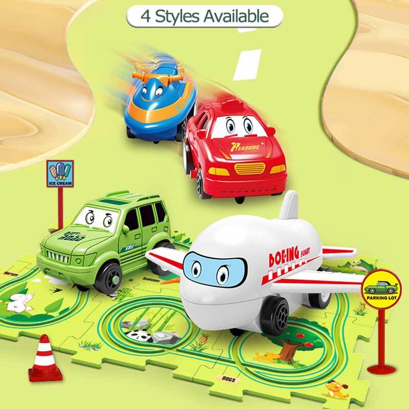 Open box of Kids DIY Assembly Electric Track Puzzle Car Set showing colorful track pieces & toy car, gift for kids