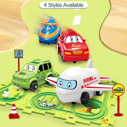 Open box of Kids DIY Assembly Electric Track Puzzle Car Set showing colorful track pieces & toy car, gift for kids