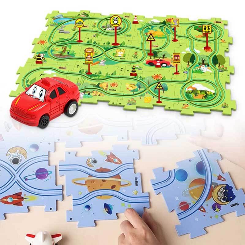 Montessori-style playtime with a child pushing a small car on the DIY electric track puzzle set, educational toy
