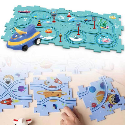 Collection of colorful track pieces and a toy car for the Kids DIY Electric Track Puzzle Car Set, building fun