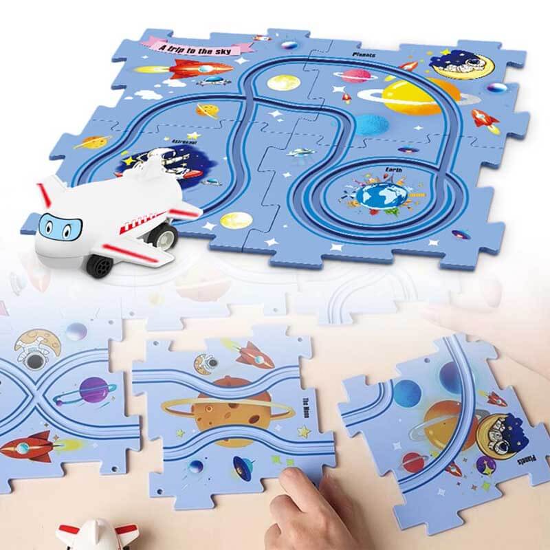 Close-up of a child's hand placing a small green electric car onto the DIY puzzle track, interactive play