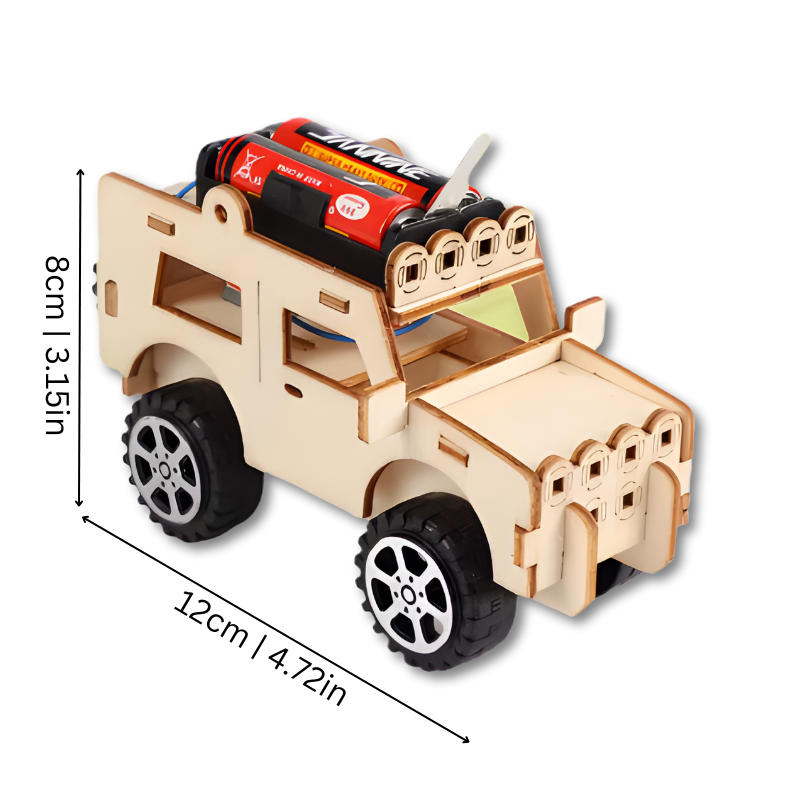 Assembly view of a wooden electric vehicle kit, perfect for kids' building projects