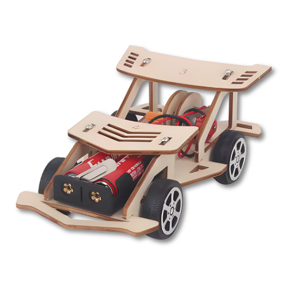 Child's hands constructing a DIY wooden electric car, engaging STEM learning toy