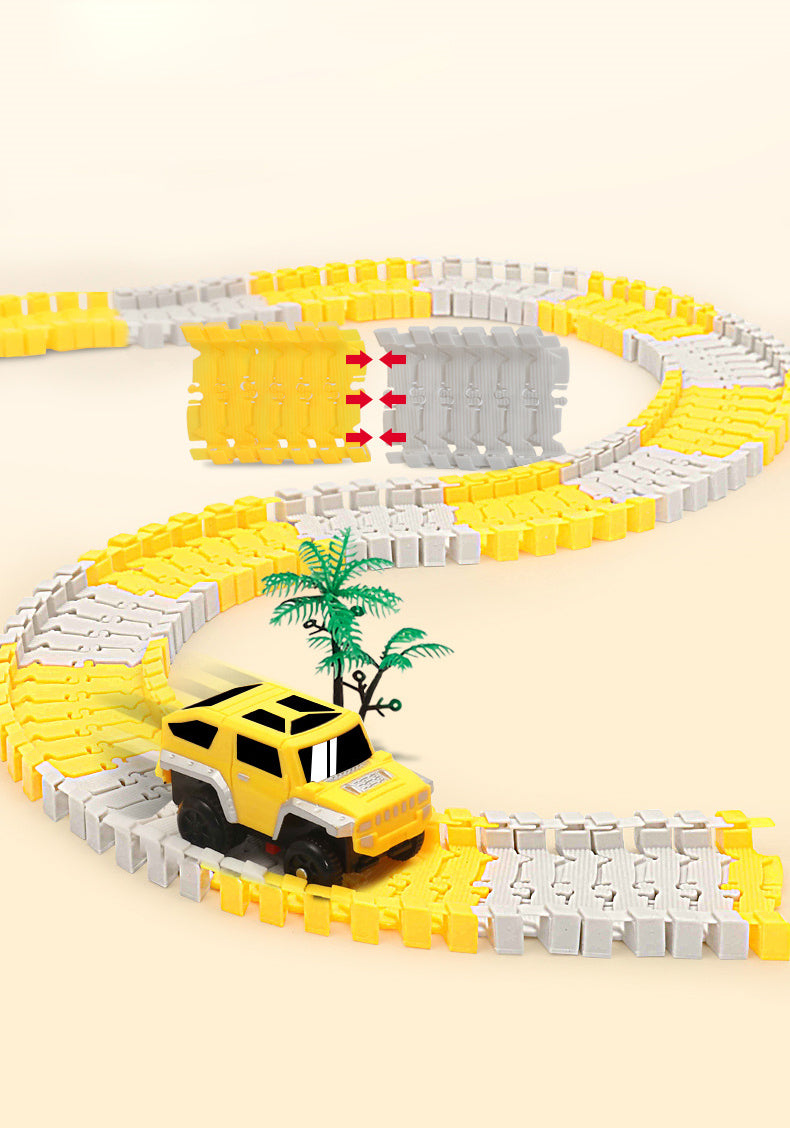 Flexible race track pieces from a kids' building set with miniature race cars for interactive play
