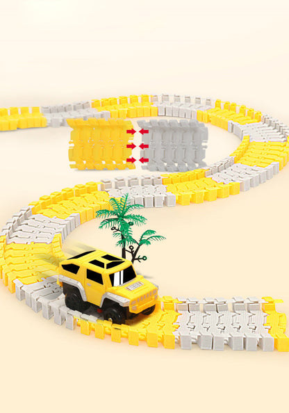 Flexible race track pieces from a kids' building set with miniature race cars for interactive play