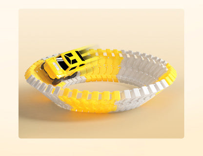 Child's hand connecting flexible track sections for a DIY race track, an educational toy