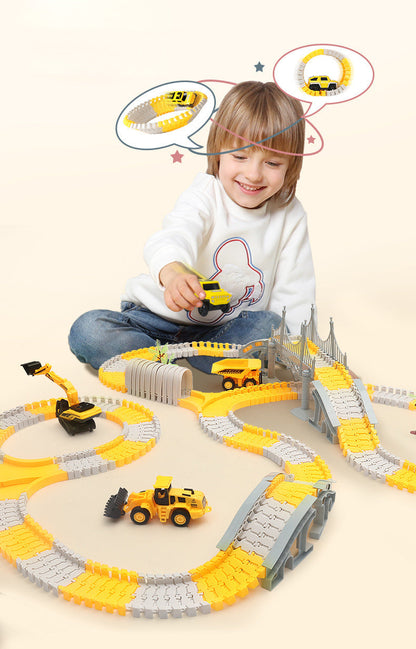 Detailed shot of bright toy cars designed for a flexible race track builder set, fun for boys and girls