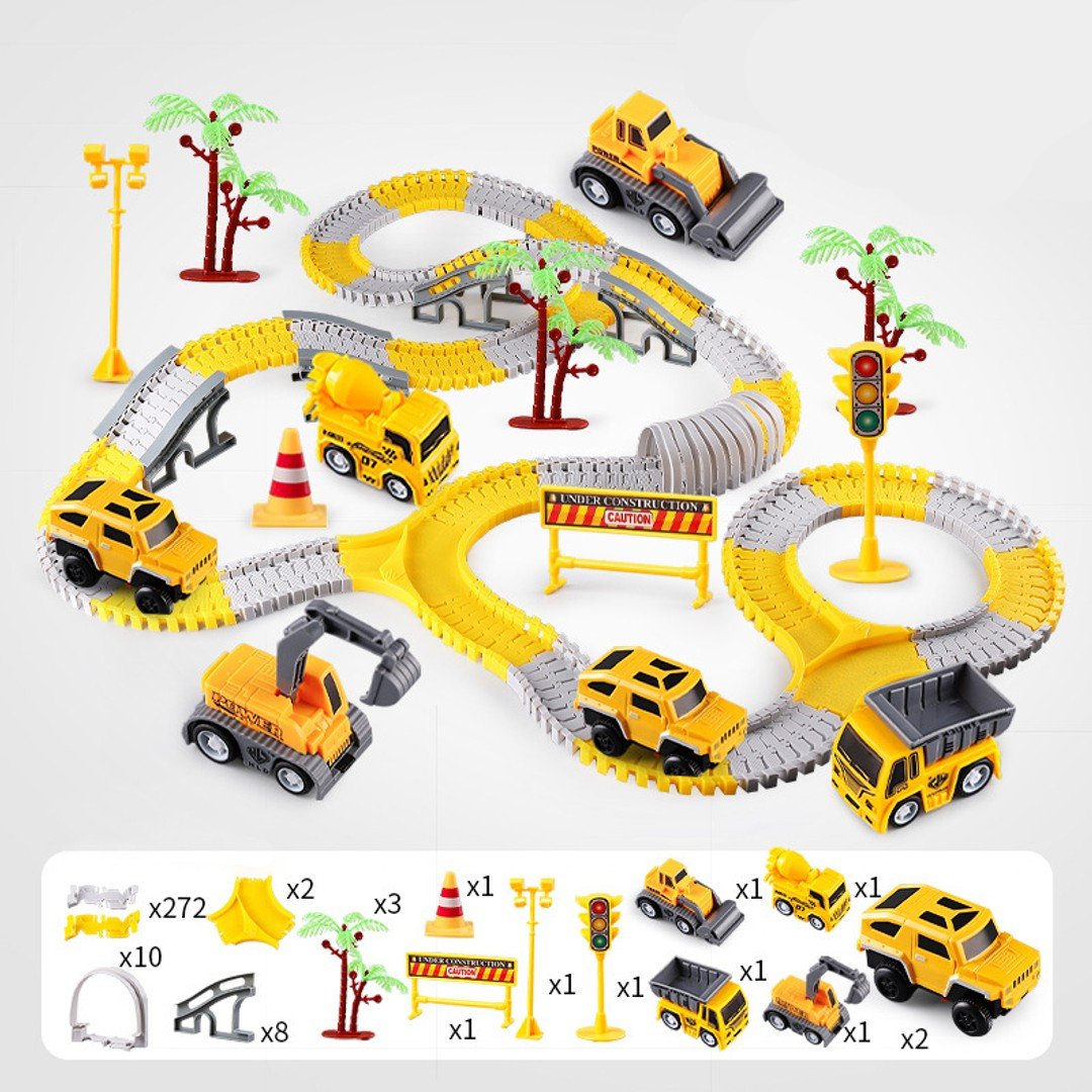 Kids playing with a DIY flexible race track, arranging sections and racing toy cars, interactive fun
