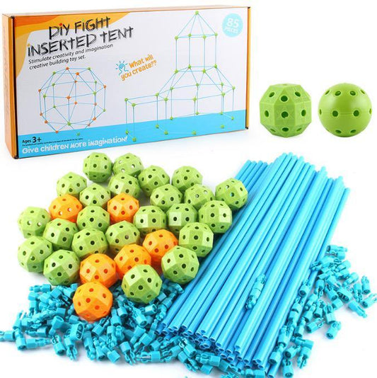 Kids DIY Fort Building Kit with colorful poles & connectors for creative indoor play, educational toy