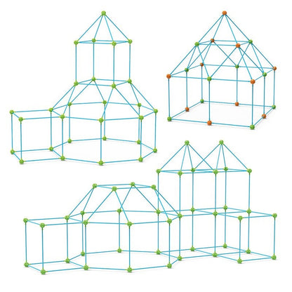 Two children collaborating to build a large fort with a DIY fort kit, promoting teamwork and outdoor play
