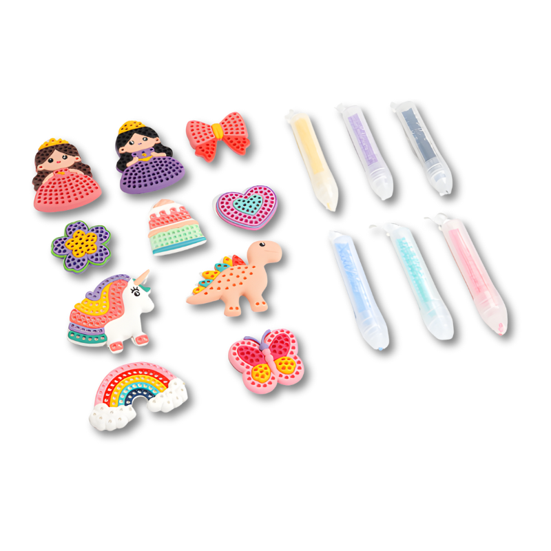 Kids' Gem Art DIY Kit box with an example of finished artwork, promoting screen-free fun and art projects.