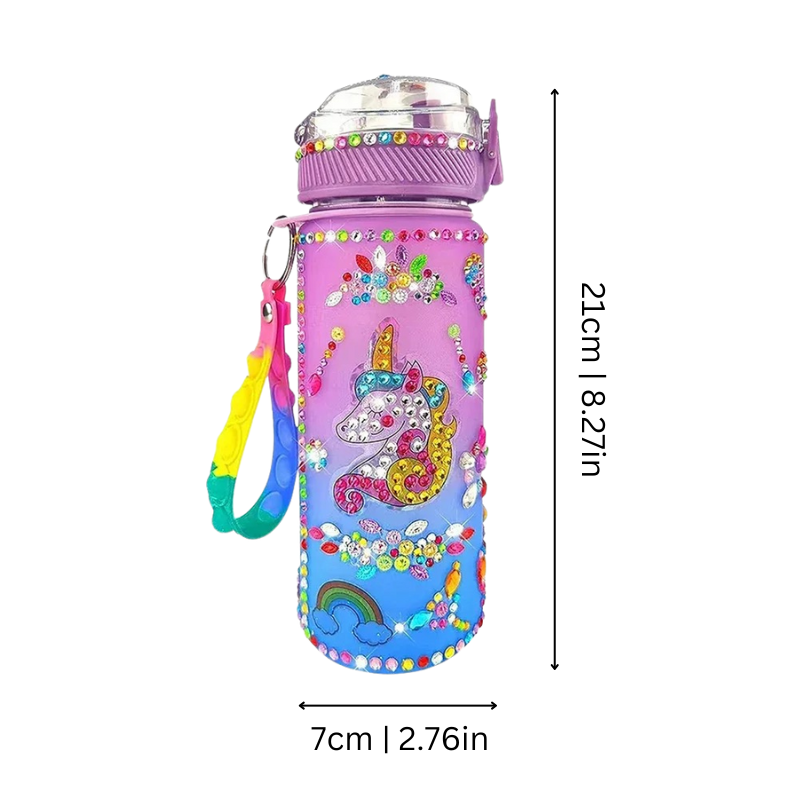 Child decorating a kids' glow-in-the-dark water bottle with various stickers, an engaging DIY learning toy for hydration.