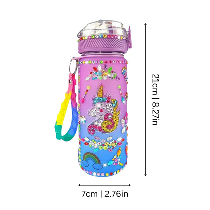 Child decorating a kids' glow-in-the-dark water bottle with various stickers, an engaging DIY learning toy for hydration.