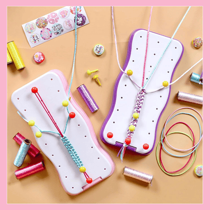 Two children engaged in a fun activity, creating bracelets together using the kids' knitting craft kits