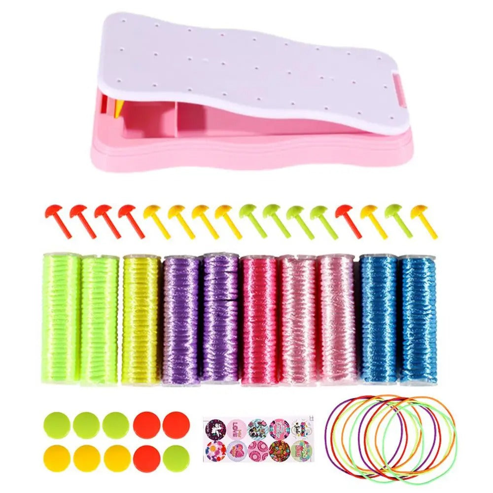Close-up of a child's hands knitting a colorful bracelet from the DIY craft kit, developing fine motor skills