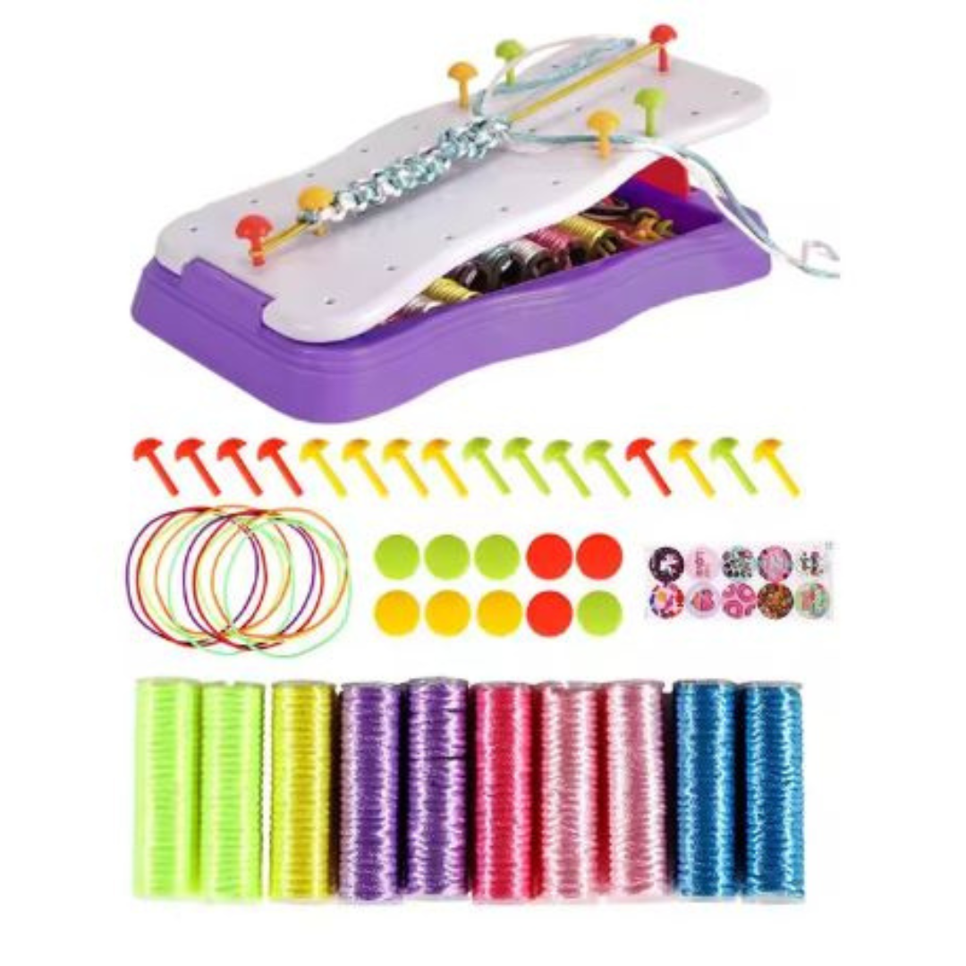 Assortment of vibrant yarns and beads from the Kids' Knitting Bracelet Making Kit, perfect for creative play